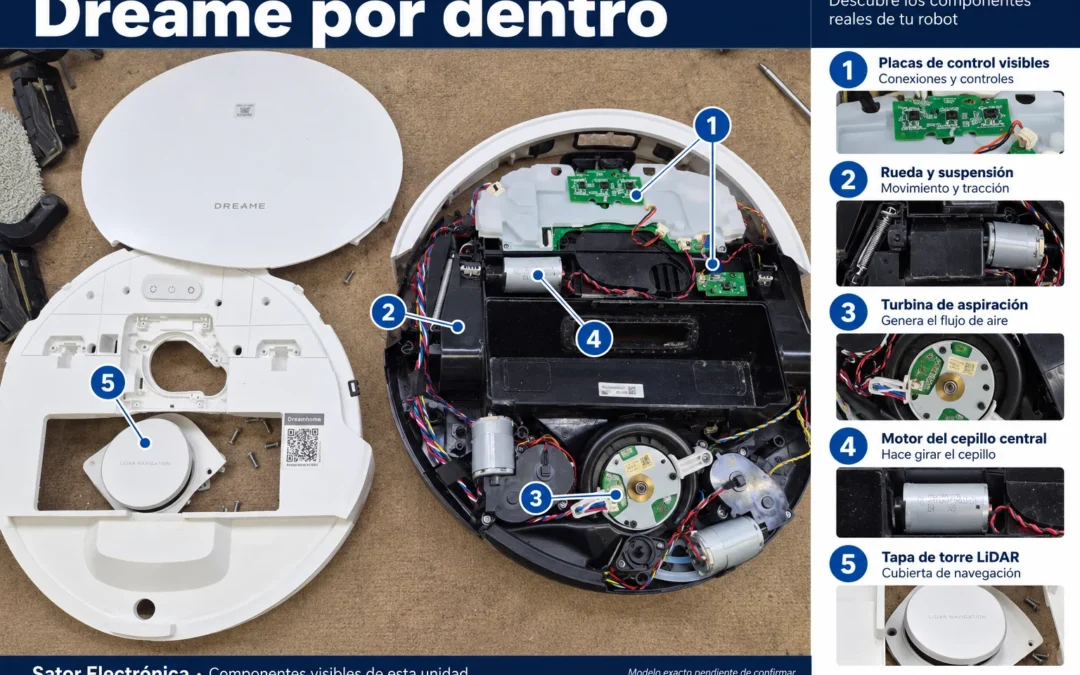 Dreame desmontado: placas visibles, rueda, turbina, motor del cepillo central y tapa de torre LiDAR