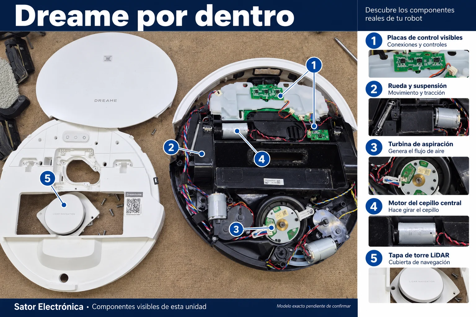 Dreame desmontado: componentes visibles numerados en Sator Electrónica