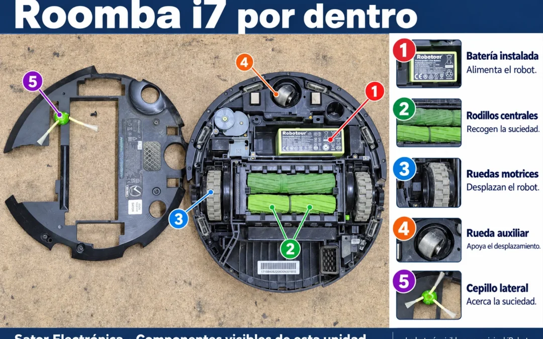 Roomba i7 desmontado: componentes reales numerados y explicación de su función