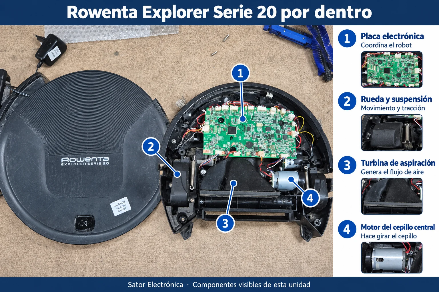 Rowenta Explorer Serie 20 desmontado: placa electrónica, rueda y suspensión, turbina de aspiración, motor del cepillo central
